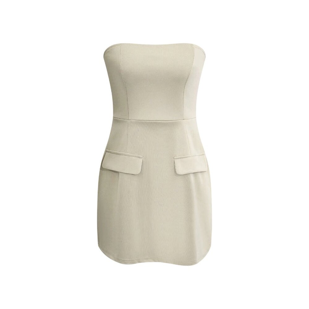 Micas Women's Size Medium Strapless Khaki Tan Mini Dress Polyester Blend NWT - Picture 2 of 7